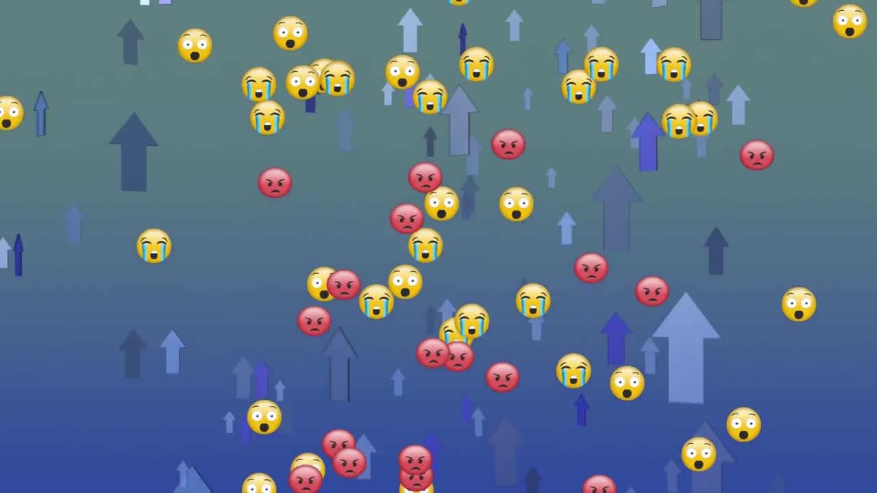 이모티콘과 화살표가 파란색 배경에 움직입니다.