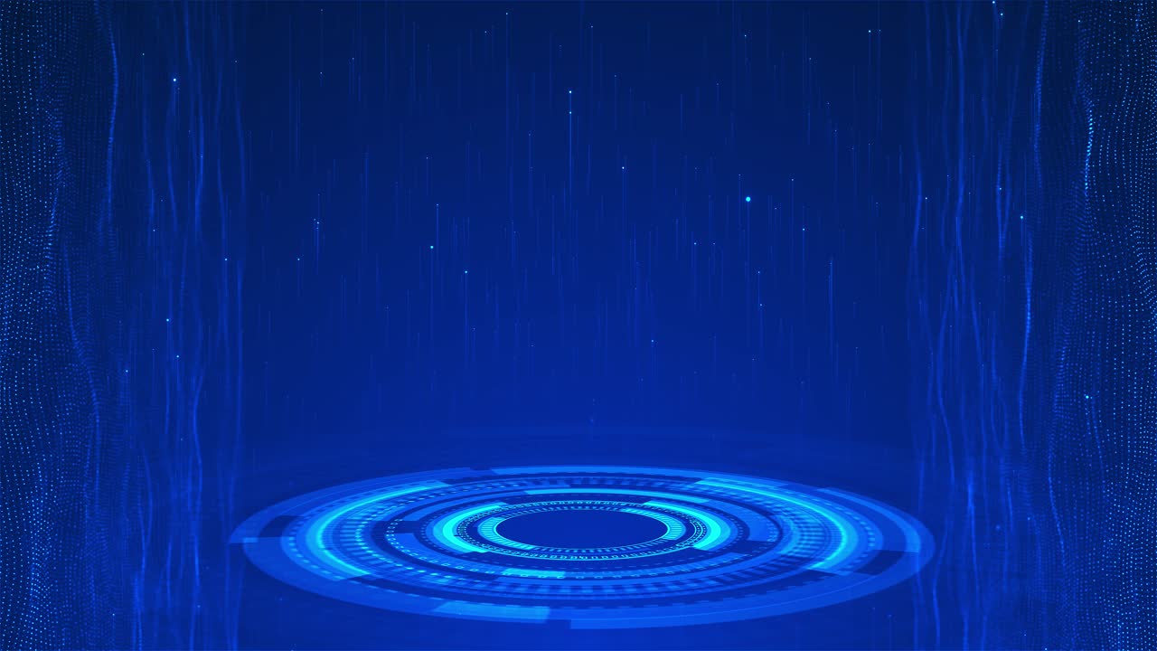 Futuristic animation round digital hud rising particles and flowing waves for technology interfaces