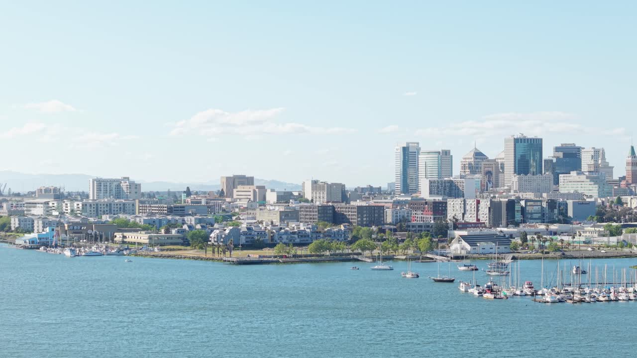 A slow rotating aerial view of the Jack London Waterfront in Oakland California.