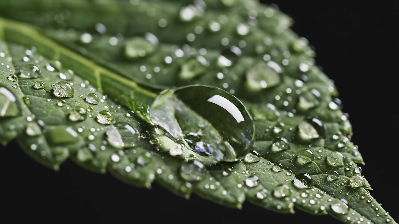 Macro di goccioline d'acqua cristallina su foglia verde