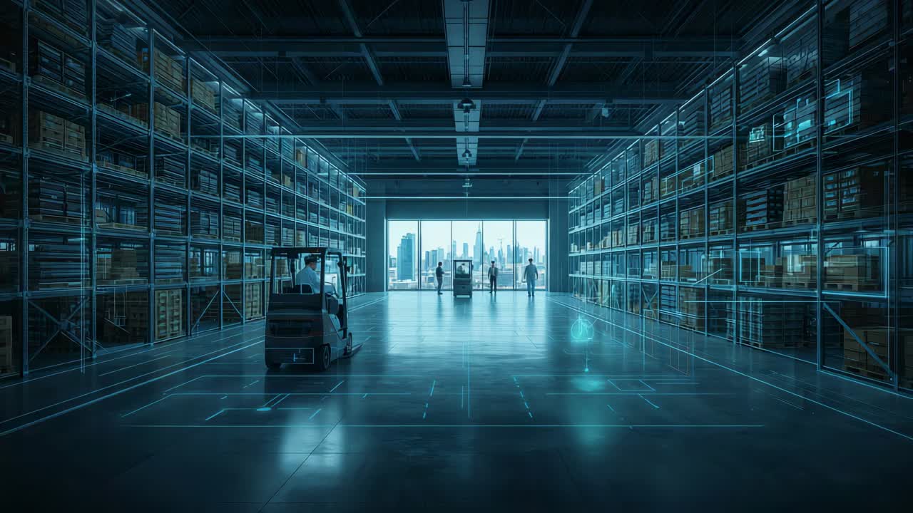 Following HUD cue and coworker gesture, forklift driver moving toward bay for loading, copy space