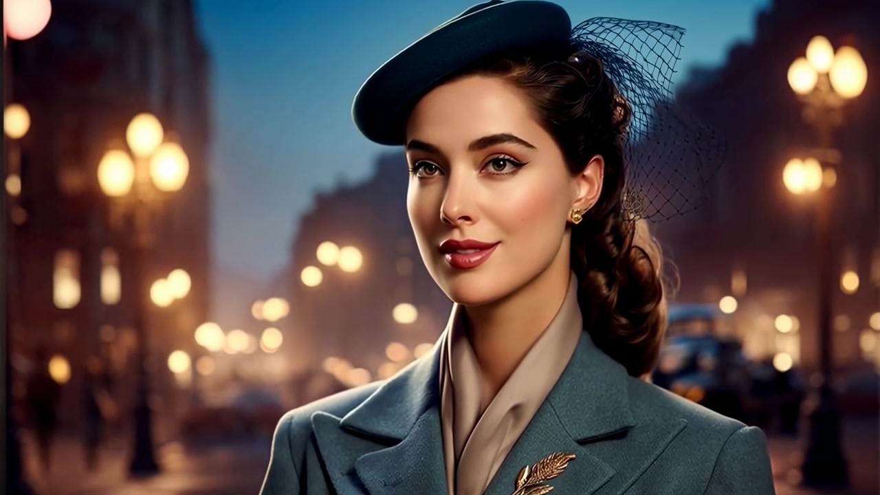 Elegant Woman in Vintage Style Attire Standing on City Street at Night