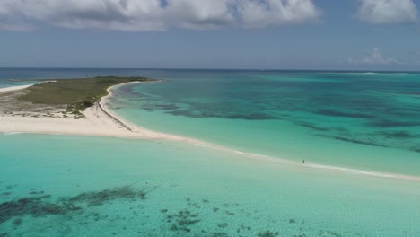 People-walking-far-away-on-white-sandbar-Tropical-Beach,-Aerial-Shot-pan-right-summer-day