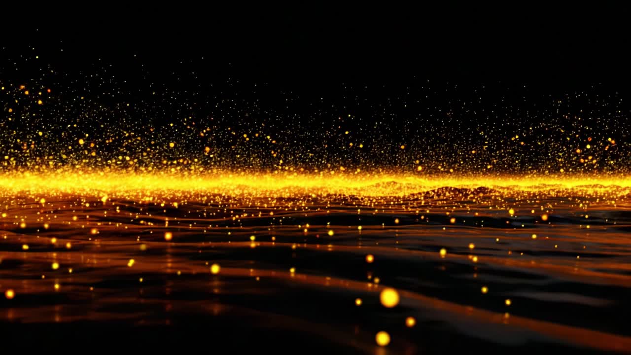 Mesmerizing Golden Particles Dancing on Water's Surface, Creating a Breathtaking Visual Symphony of Light and Reflection in a Dark Environment