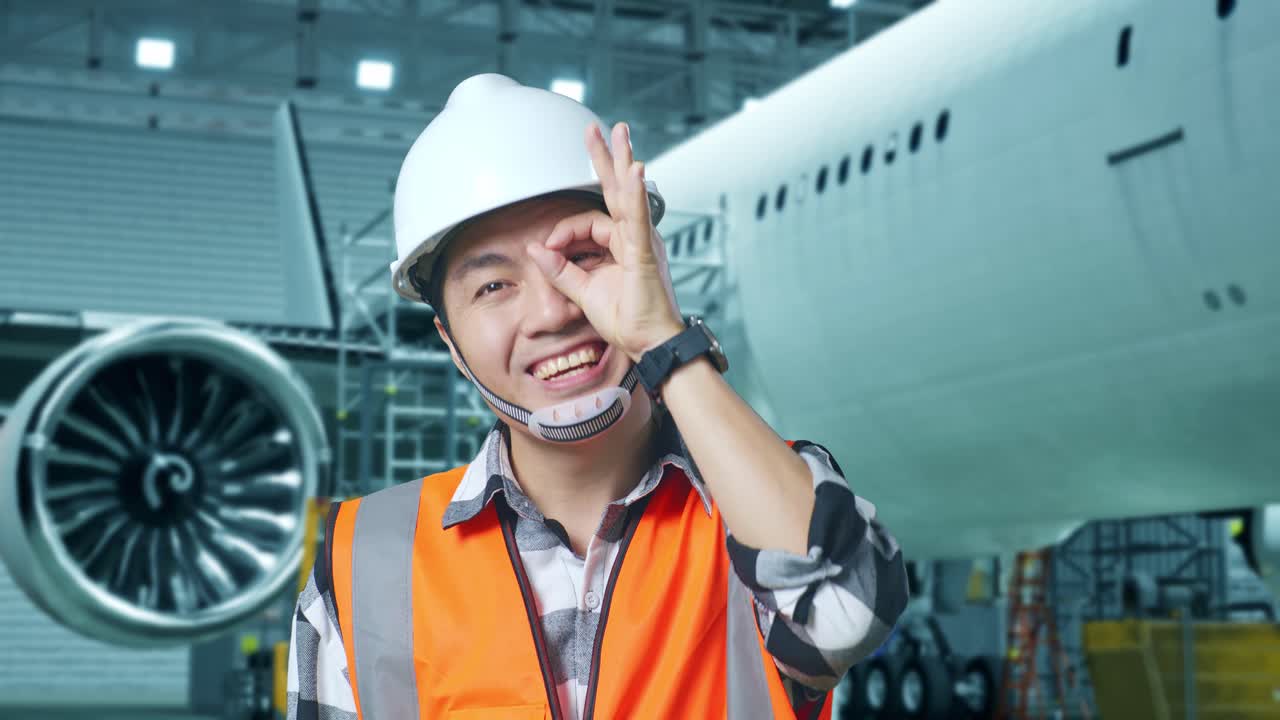 안전 헬을 입은 아시아 남성 엔지니어가 거에 있는 항공기와 함께 서서 카메라에 미소 짓고 항공기 유지보수 중에 눈 위에 ok 손 표시를 보여줍니다.