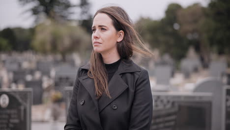 rose, death or sad woman in cemetery for funeral