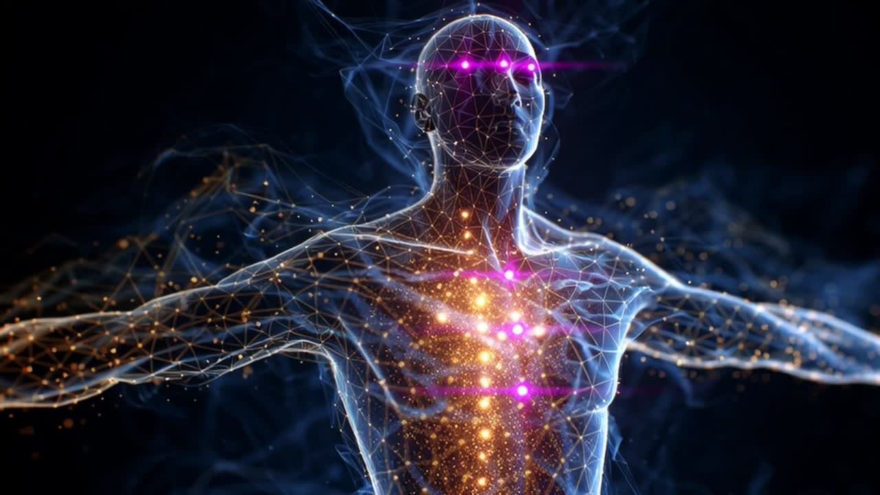 An Ethereal Glimpse into the Connection of Mind and Body: A Journey through Illuminated Energetic Formation Symbolizing Life's Intricate Patterns and Cosmic Harmony