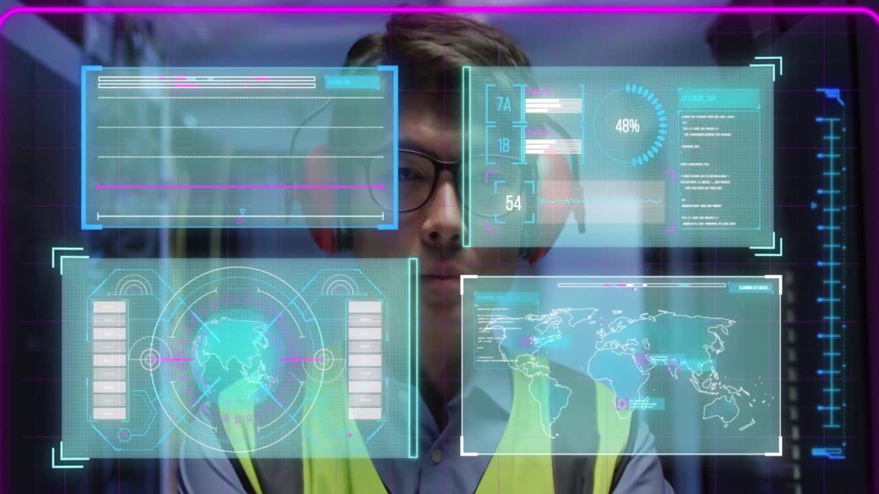 animación del procesamiento de datos sobre un trabajador masculino asiático en la sala del servidor