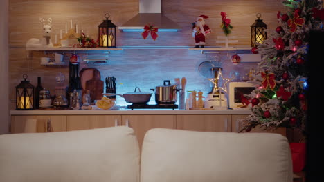 close up of kitchen counter decorated with christmas ornaments