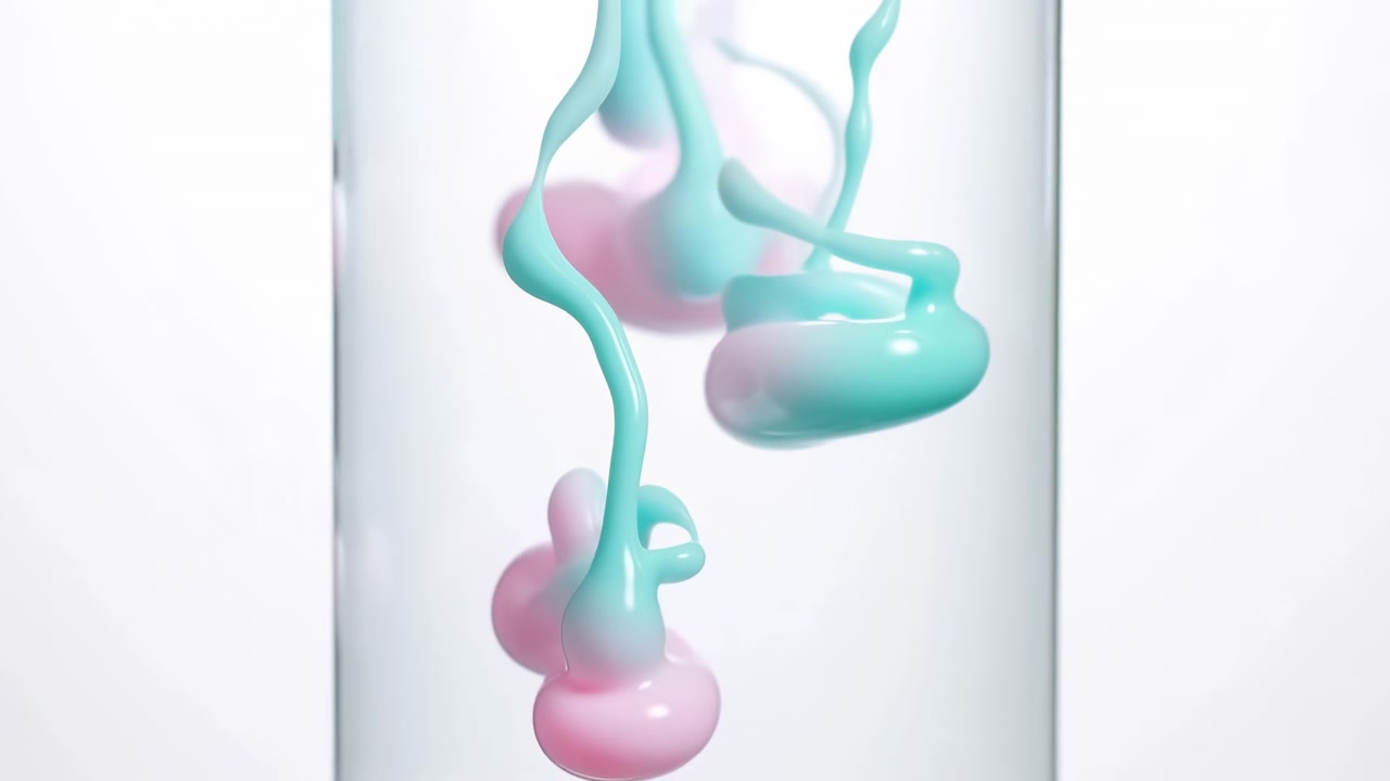Mint-green liquid ribbons and pale pink bulges coil, loop, and gather into rounded droplets inside transparent cylinder, creating glossy organic curves against bright clean white studio background