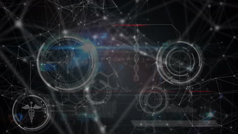 animation of network of connections and data processing on black background