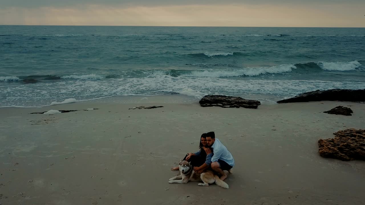 허스키 강아지 와 함께 해변 을 고 있는 젊은 행복 한 부부 의 공중 광경
