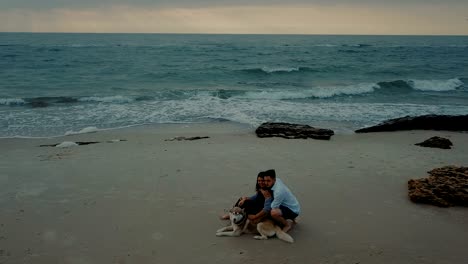 aerial view of young happy couple walking on beach with husky dog