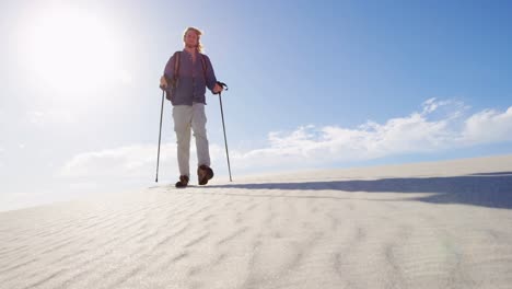 Man-with-hiking-pole-walking-in-the-desert-4k