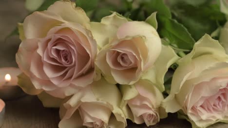 pink and white blossoming roses with tea light candles