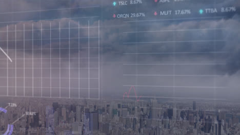 Animation-Der-Statistischen-Und-Börsendatenverarbeitung-Vor-Dem-Hintergrund-Einer-Luftaufnahme-Des-Stadtbildes