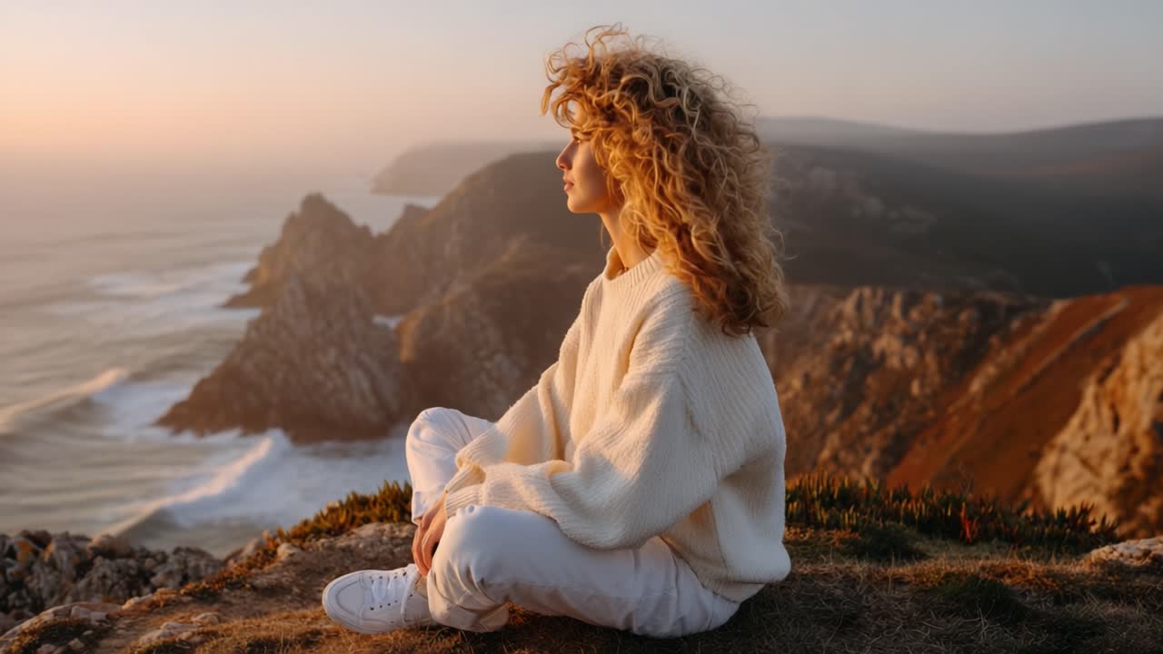 Un momento di serenità al tramonto: una giovane donna che medita su una scogliera a picco sull'oceano, con onde spettacolari e montagne panoramiche sullo sfondo