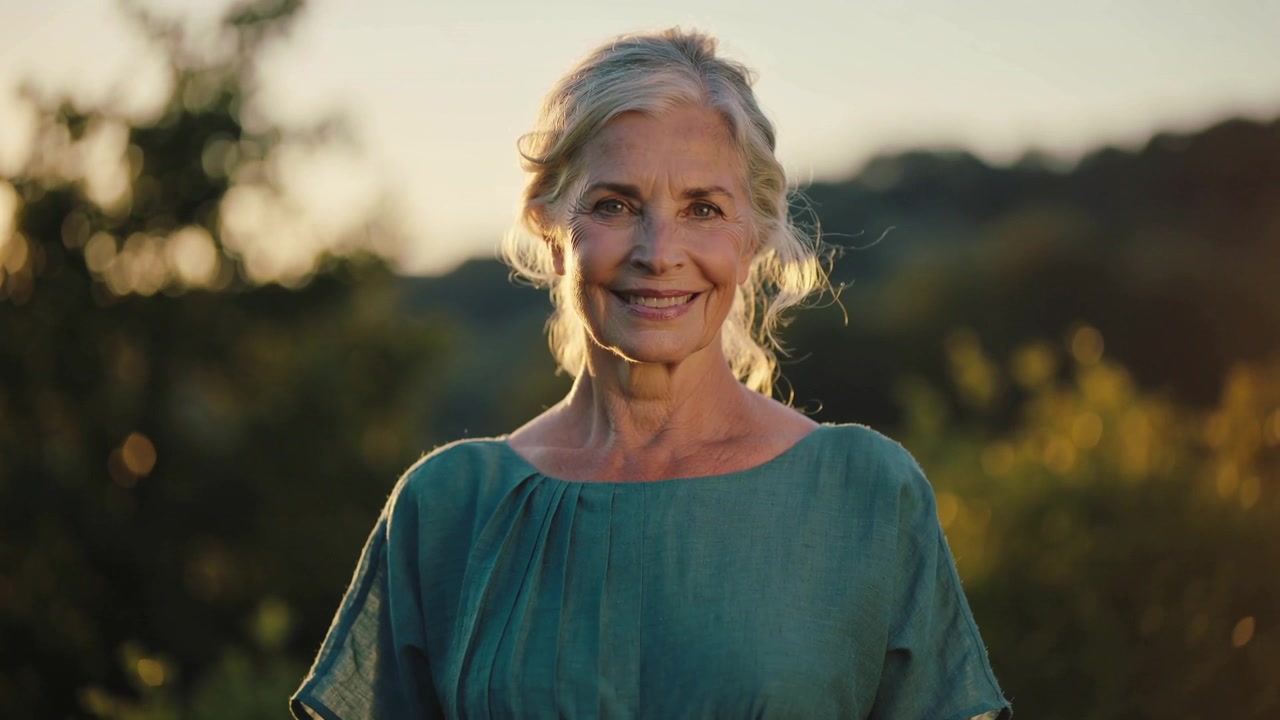 Mulher sênior sorrindo posando para a câmera e virando a cabeça ao ar livre no pôr do sol, vestindo blusa azul-petróleo.