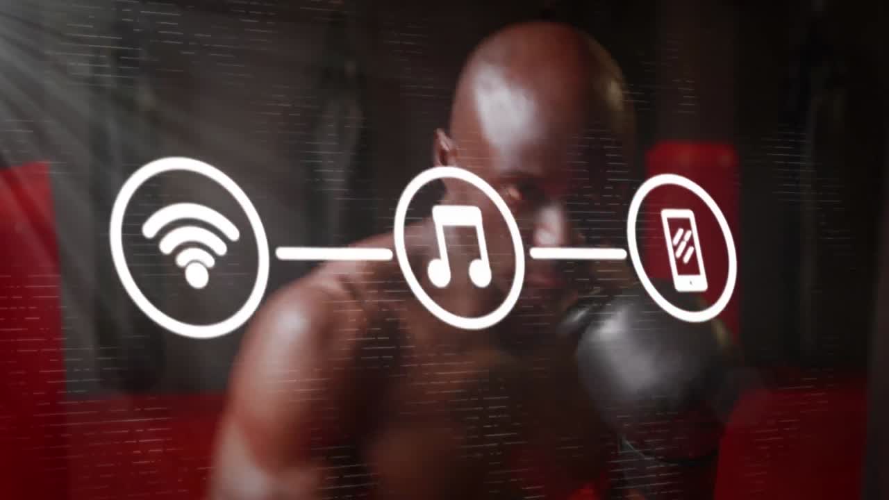 animación de iconos y luces blancas sobre un hombre fuerte haciendo ejercicio