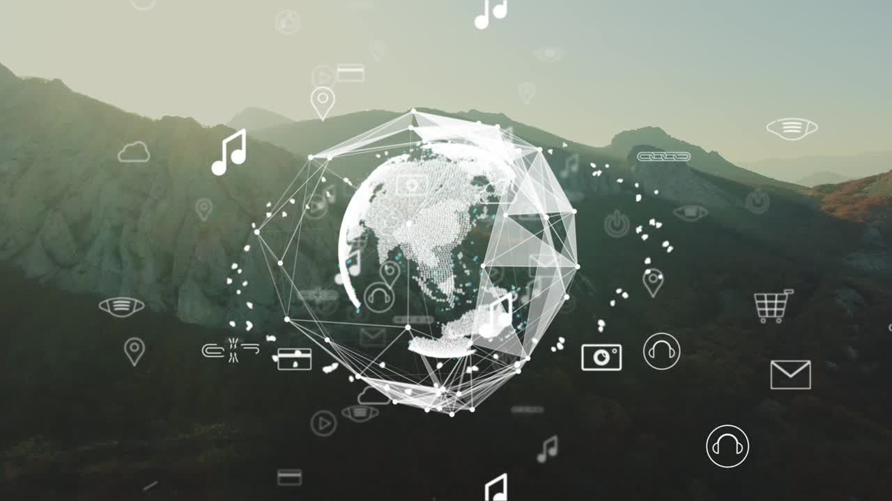 연결 네트워크의 애니메이션과 백색 아이콘이 풍경 위에서 상호 작용하며 배경에 있는 산에서 새벽. 글로벌 네트워크 연결 및 소셜 네트워킹 개념.