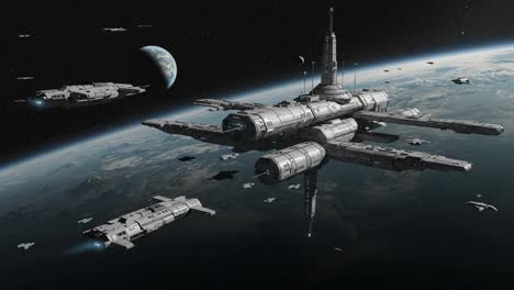 a stunning visualization of a space station surrounded by ships orbiting a planet, capturing the essence of futuristic space exploration and cosmic wonders