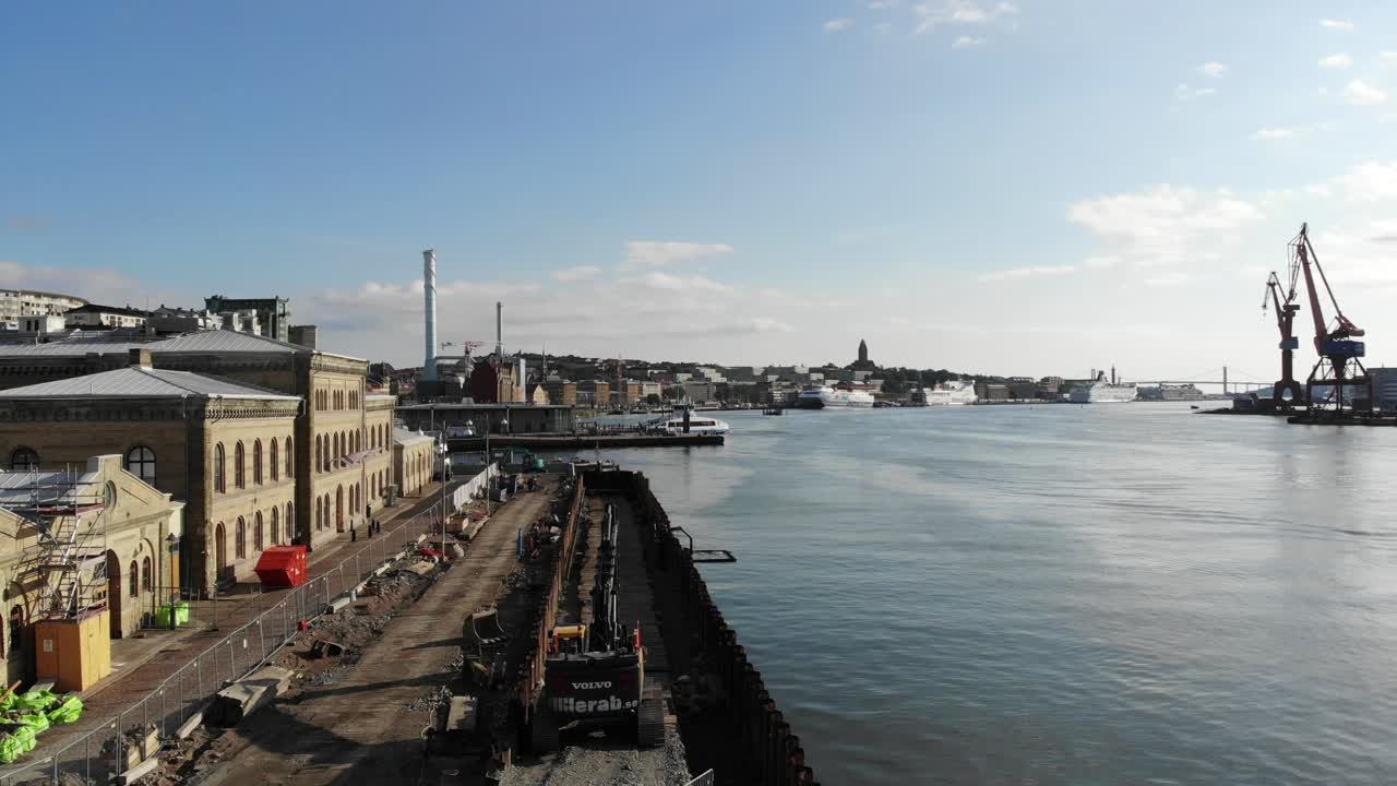 Empty riverside construction site - shipping yard, aerial