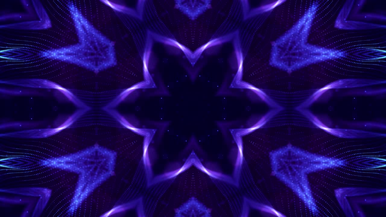 4k looped sci-fi 3d fondo con partículas azules brillantes forman líneas, superficies, estructuras simétricas complejas como estrellas en el caleidoscopio. tema abstracto de microworld o nanotecnología