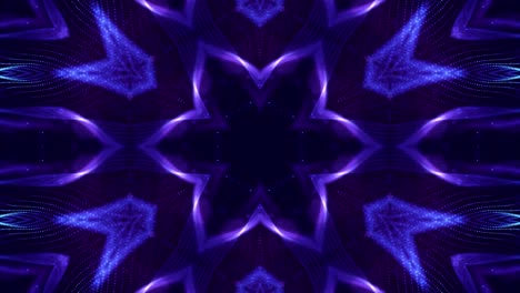 4k looped sci-fi 3d fondo con partículas azules brillantes forman líneas, superficies, estructuras simétricas complejas como estrellas en el caleidoscopio. tema abstracto de microworld o nanotecnología