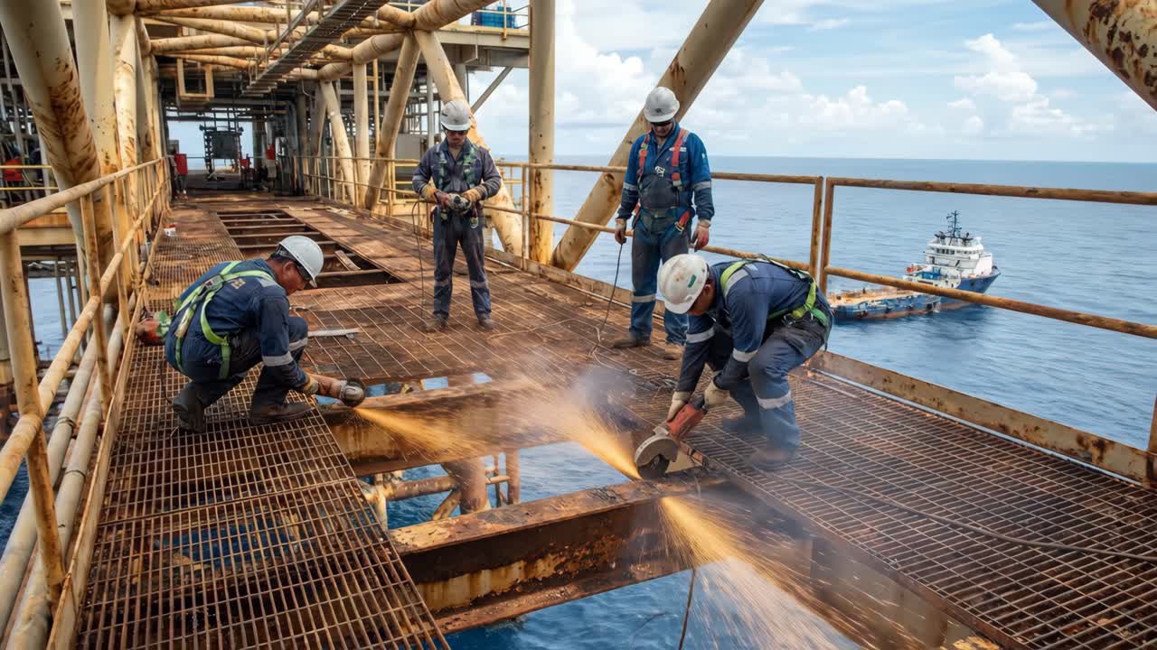 Industriarbetare skär metall med gnistor på en oljerigg till havs