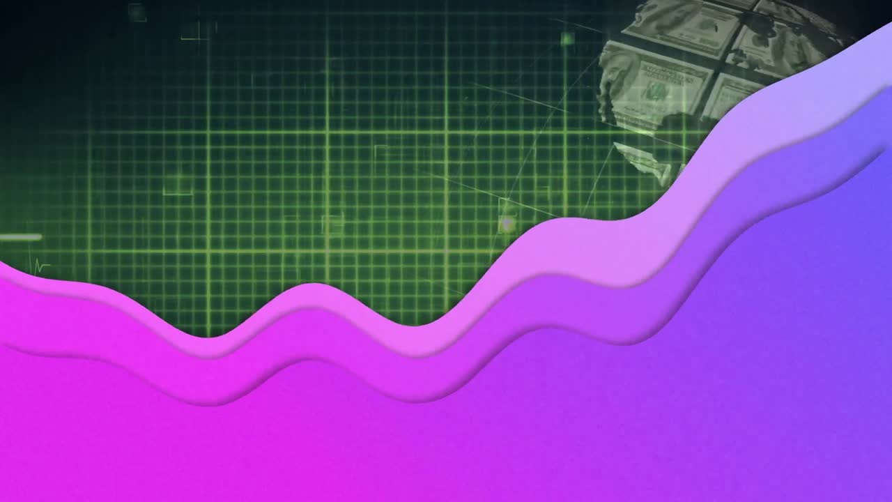 animación del globo formado con billetes de dólares estadounidenses sobre la cuadrícula y las ondas púrpuras