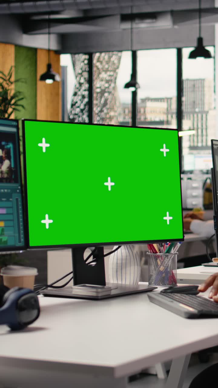 Vertical Video Isolated Mockup With Man Working On Video Montage Project