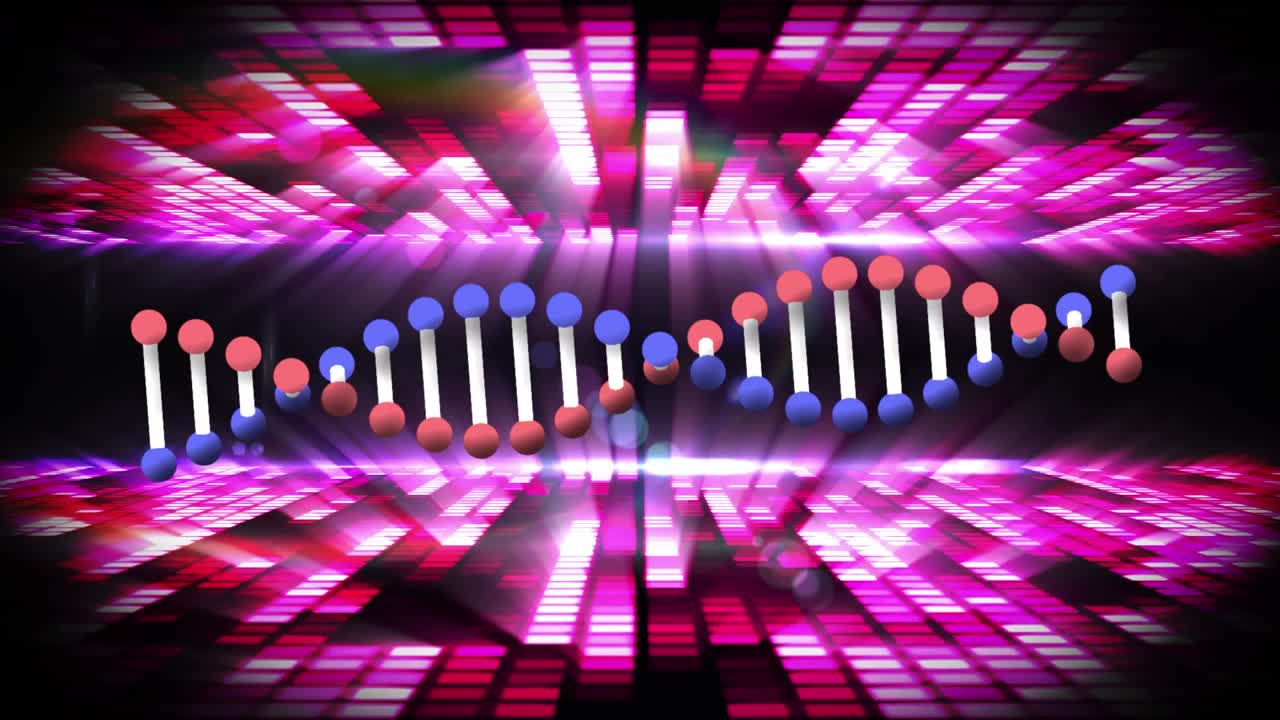 Animazione di un filamento di DNA che ruota su un uomo che balla e un filamento di DNA