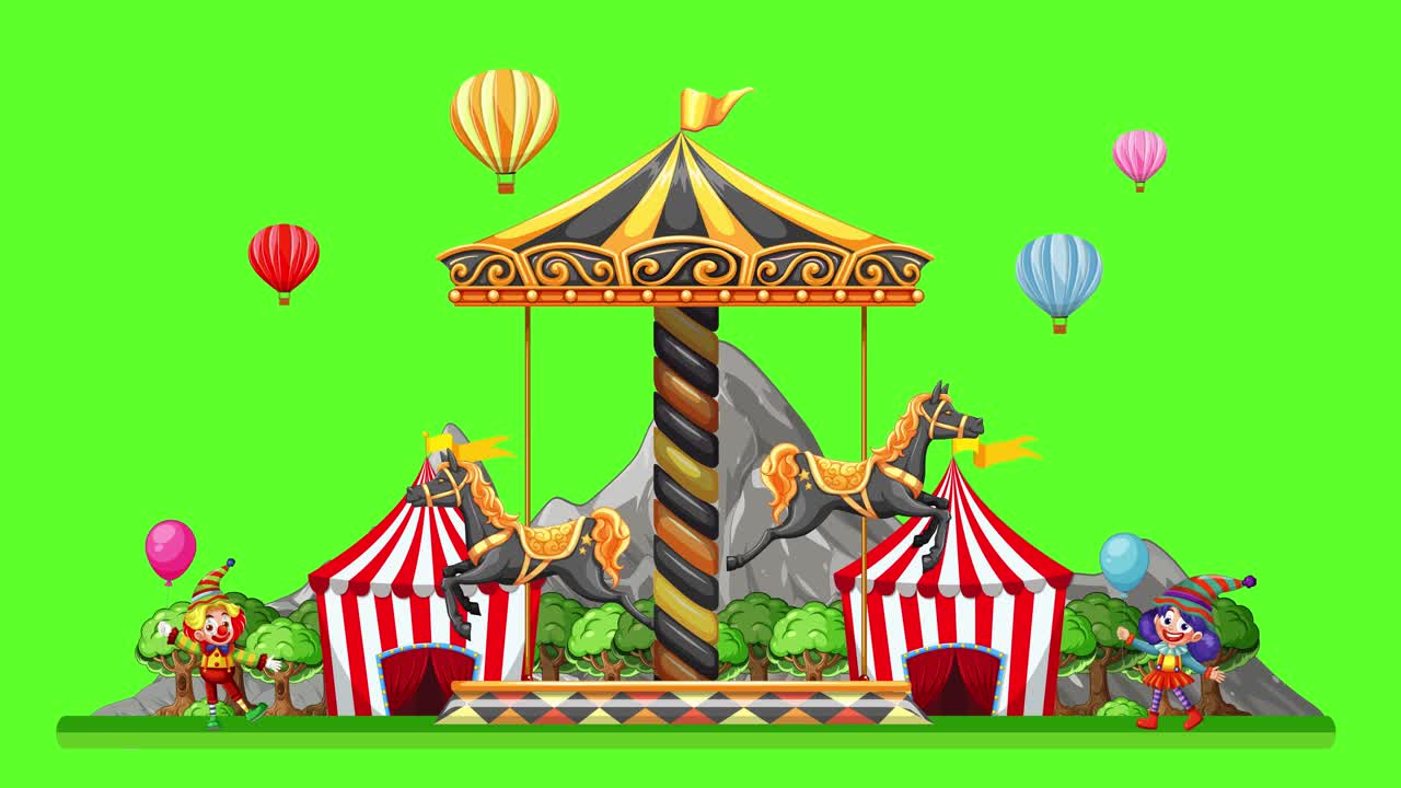 A vibrant 2D cartoon amusement park animation featuring a rotating carousel and floating balloons