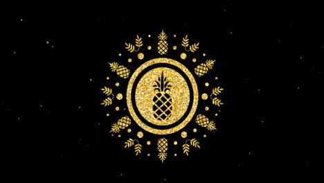 animación de piñas doradas y diseño de hojas sobre estrellas blancas que se mueven sobre un fondo negro