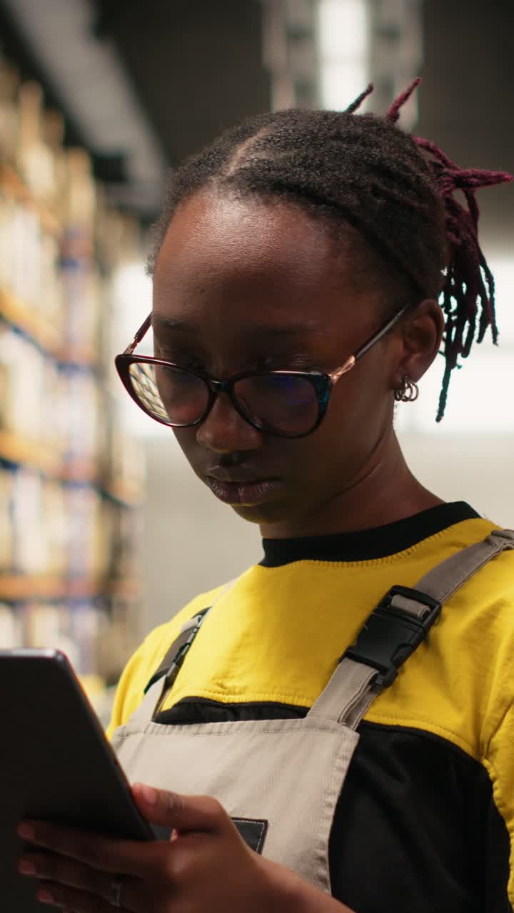 Vertical Video African american worker processing merchandise for business logistics system