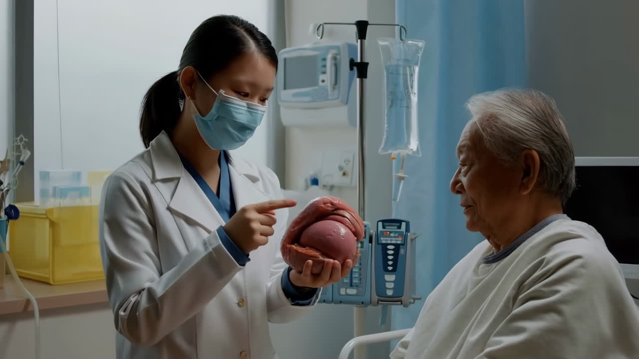 Doctor Explaining Anatomy to Elderly Patient in Hospital Room