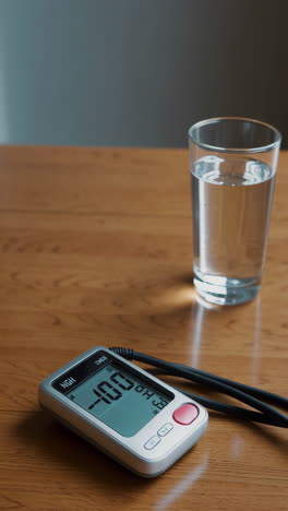 blood pressure monitor and glass of water on wooden table