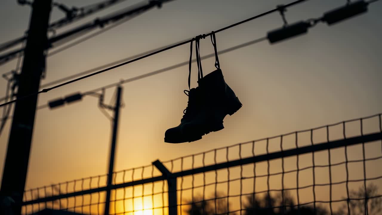 Et par snørestøvler svaier på en ledning over et sikkerhetsgjerde ved solnedgang, brisen forårsaker bevegelse