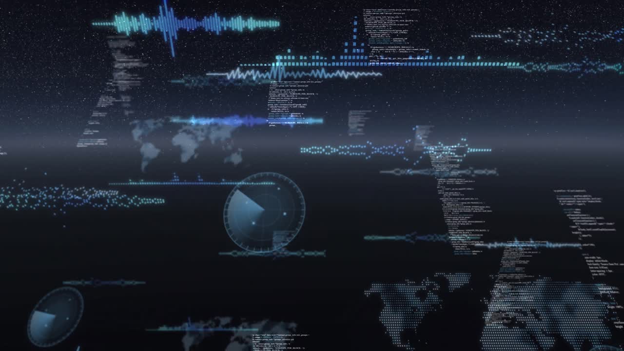 Animation of data processing and scopes scanning on screen over glowing horizon