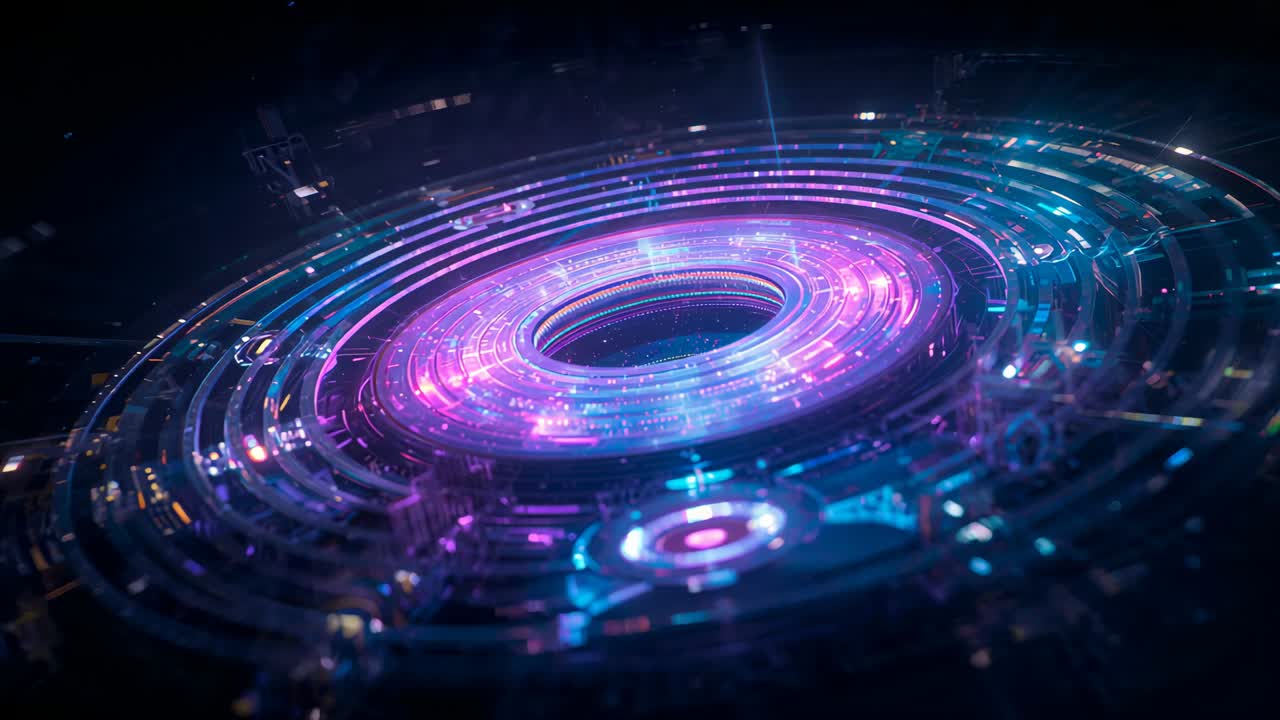 Initializing holographic rings rotating in digital void for data visualization with orbiting nodes