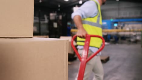 worker pushing trolley of cardboard boxes