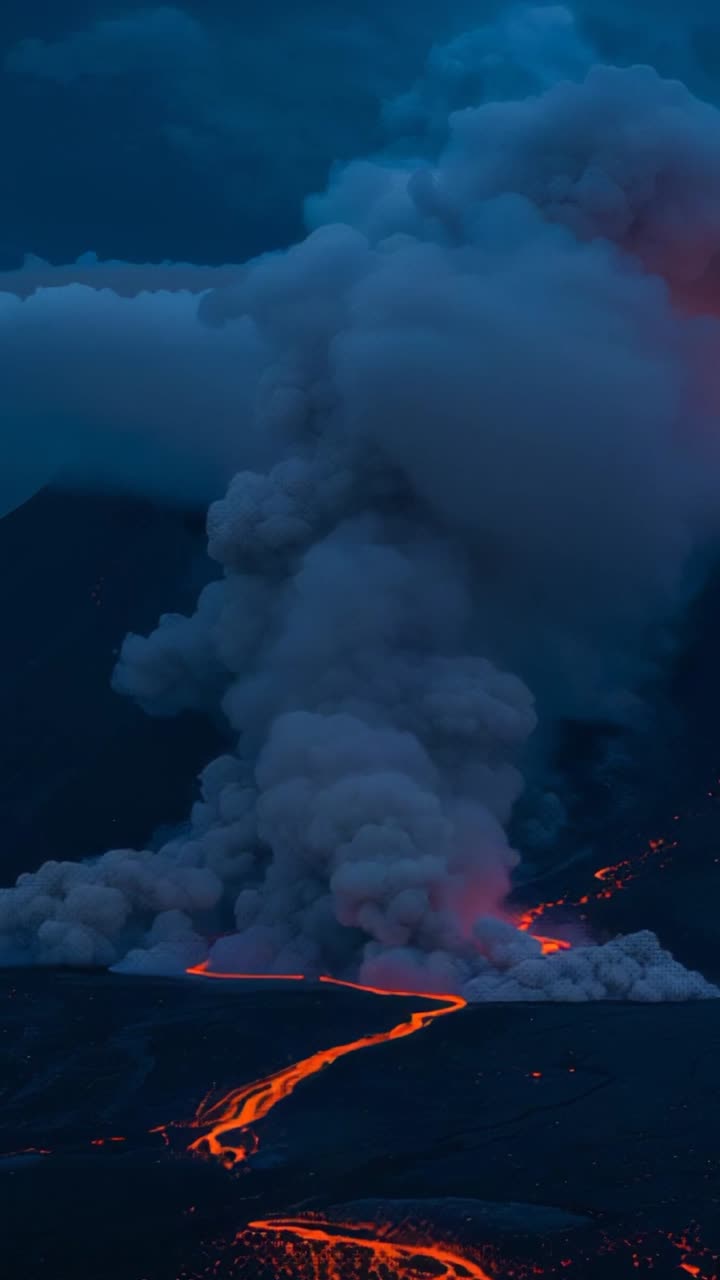 Vertical video: Erupting vent sending lava downhill at dusk, with rising ash and steam plume