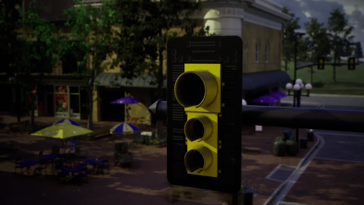 Traffic signal illuminates a quiet urban street during twilight hours