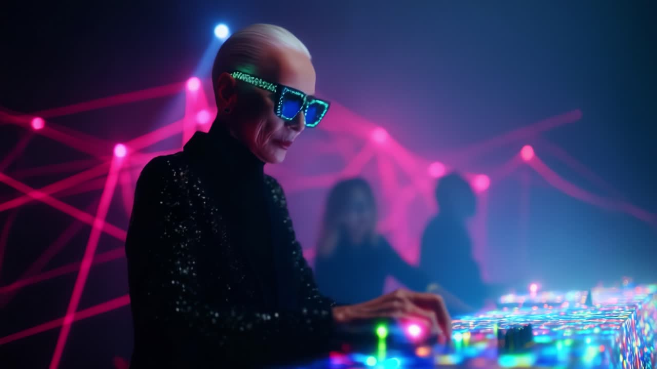 A futuristic scene featuring an elderly figure wearing vibrant, illuminated glasses while operating a colorful light panel amidst a captivating backdrop of neon laser networks, showcasing creativity and age-defiance