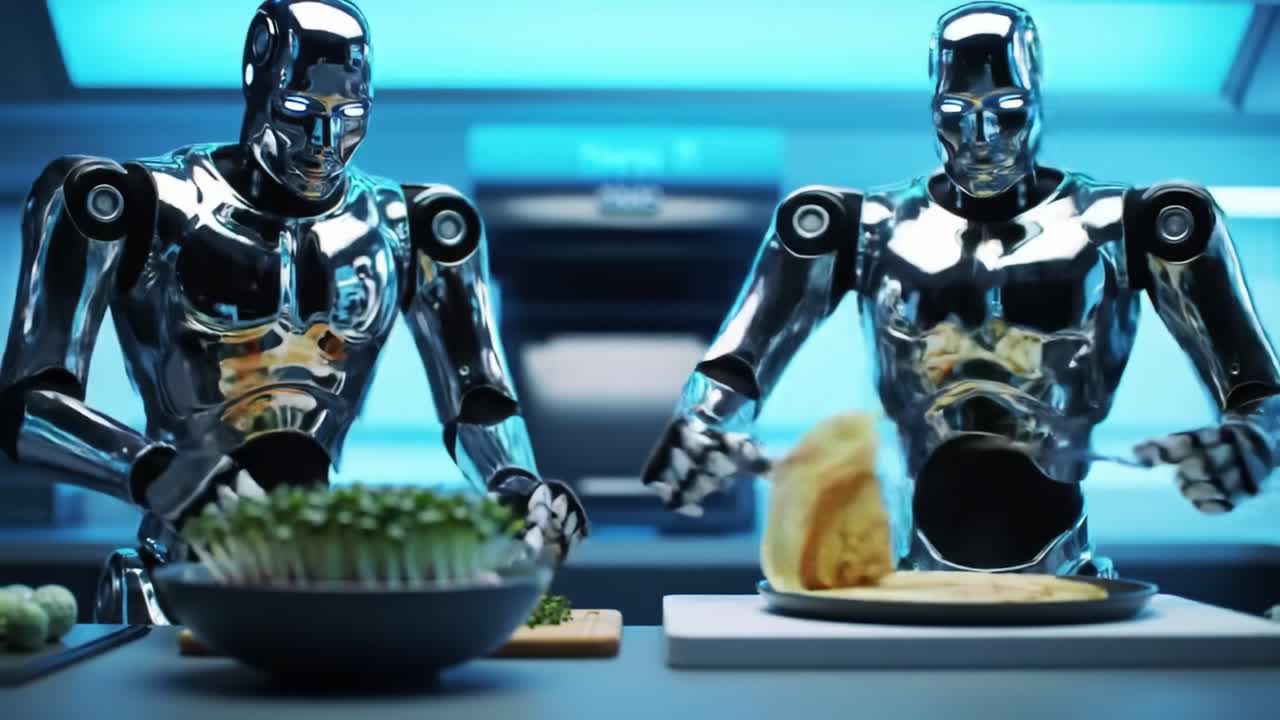 Futuristic Robotics in Culinary Arts: Two Advanced Android Chefs Prepare Gourmet Dishes with Precision in a High-Tech Kitchen Setting