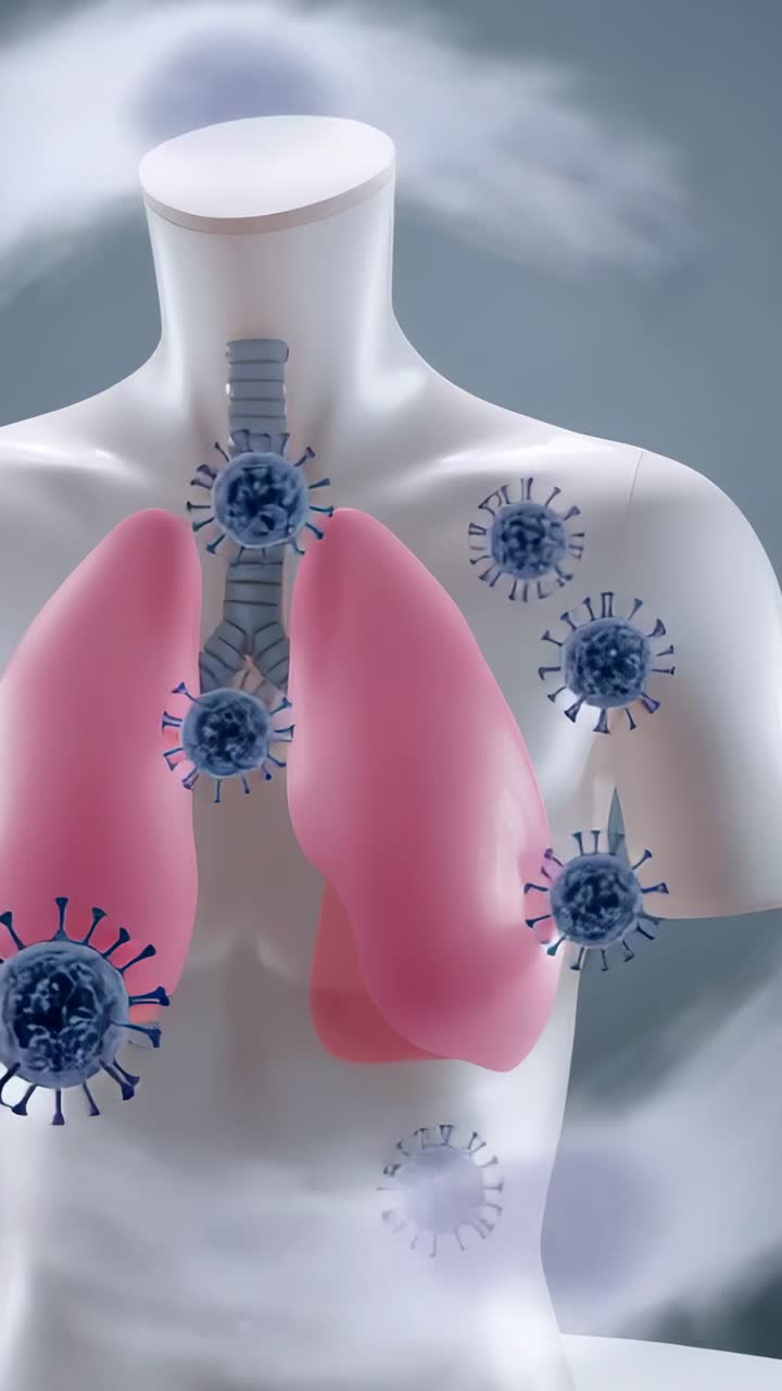 Vídeo vertical: Vapor flutuante enviando vírus azuis para traqueia do tronco e pulmões rosados em laboratório para demonstração.