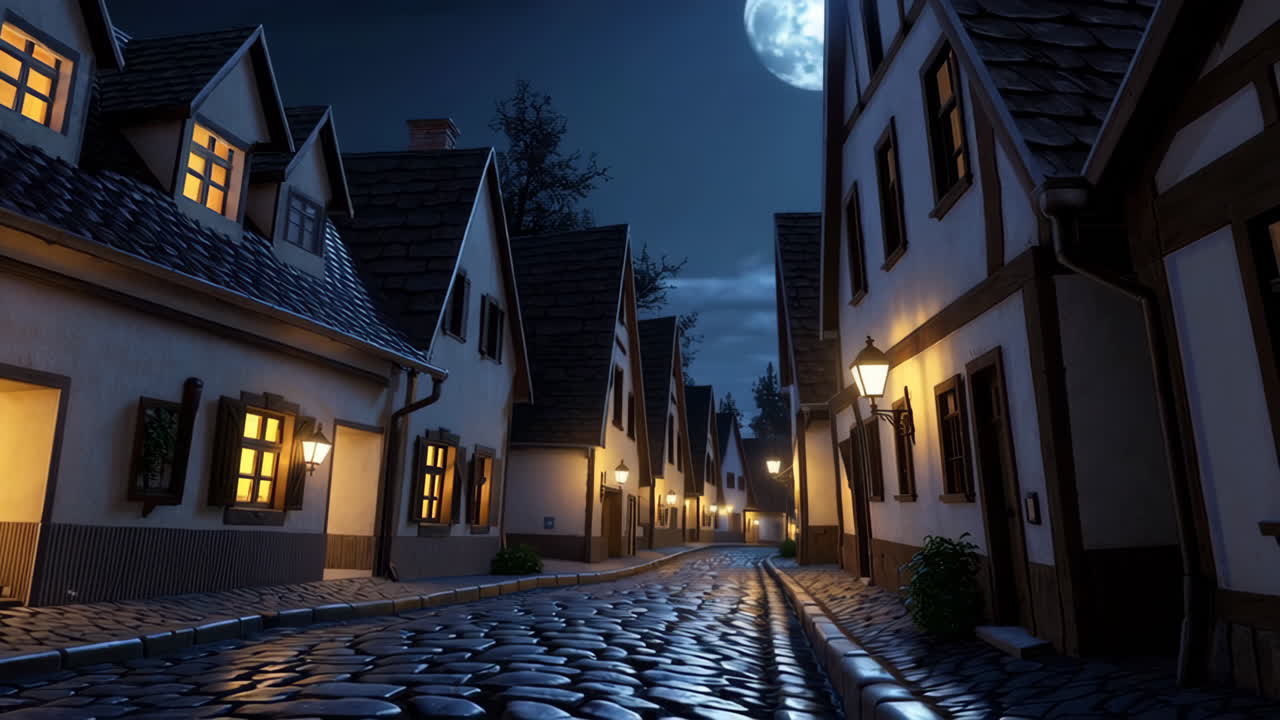 A peaceful medieval village at night