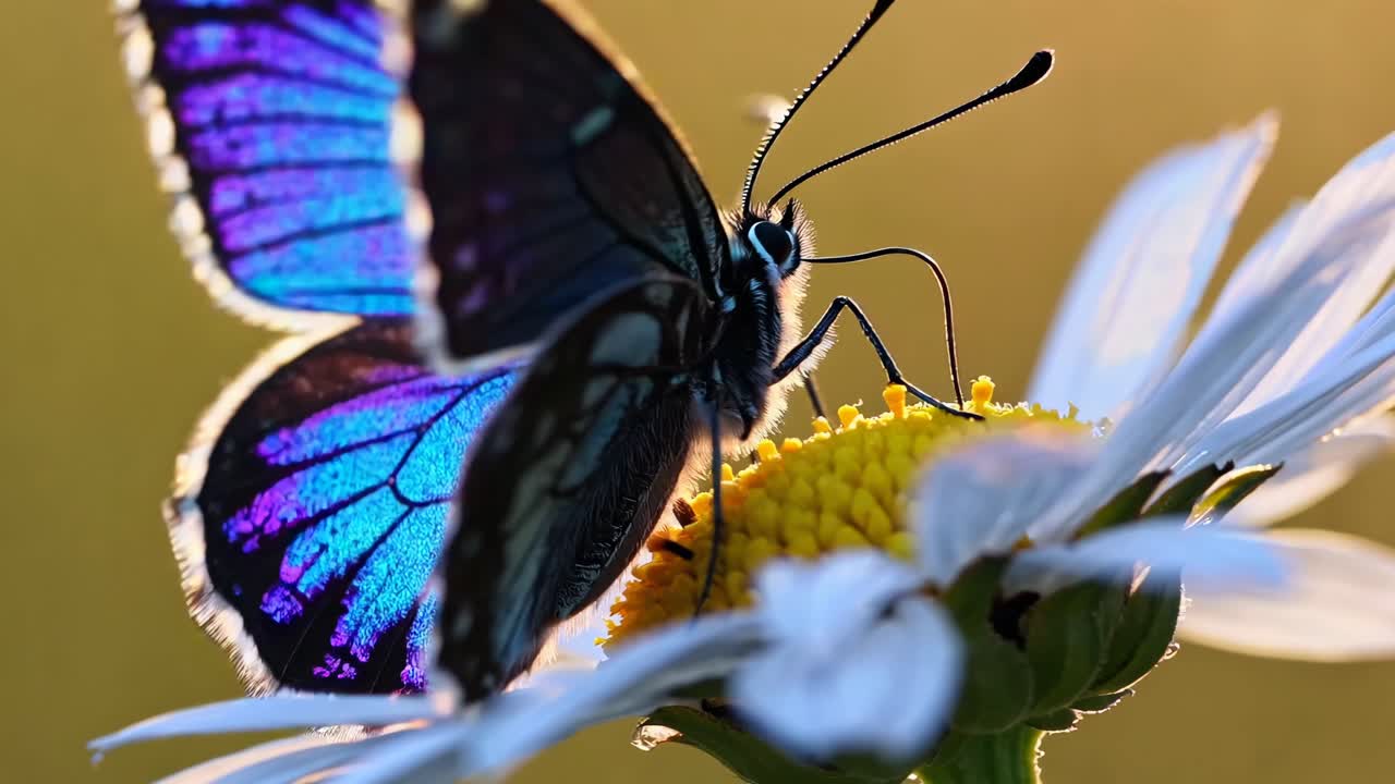 Video ravvicinato di una vivace farfalla blu su una margherita, ripreso da un angolo laterale