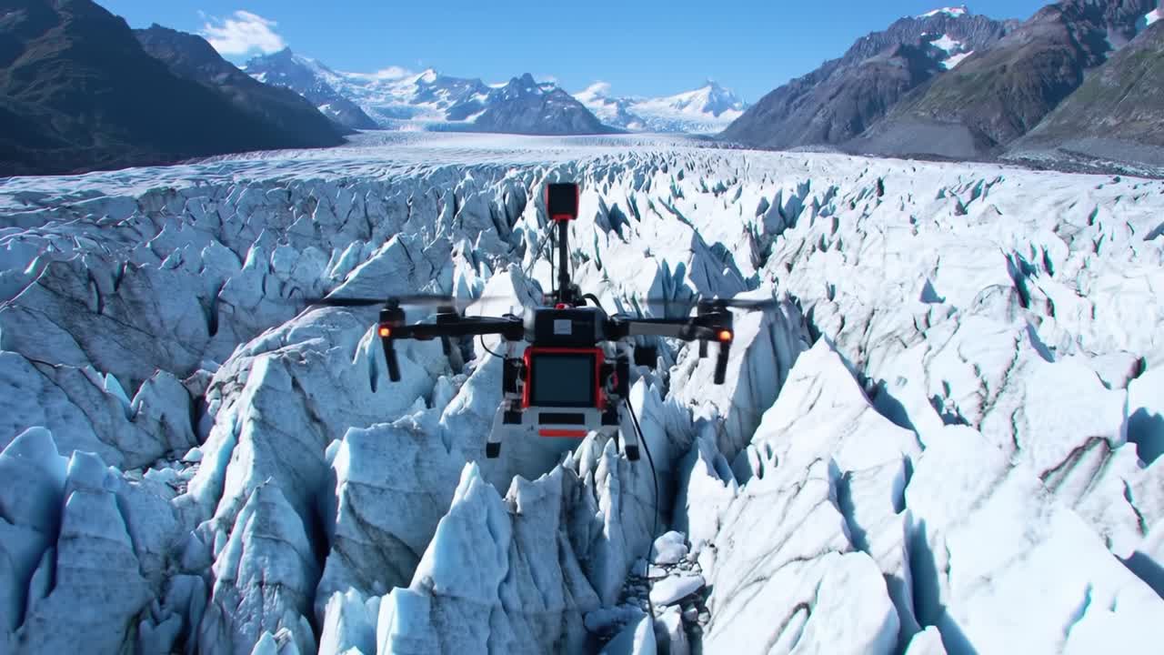A drone captures breathtaking views of a massive glacier surrounded by mountains and blue skies. The icy terrain showcases natural beauty and the power of technology in exploration.