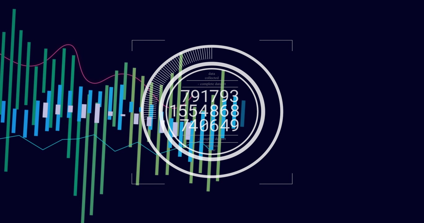 Opening on navy backdrop, ring rotating, bars sliding into chart, readouts cycling displaying data